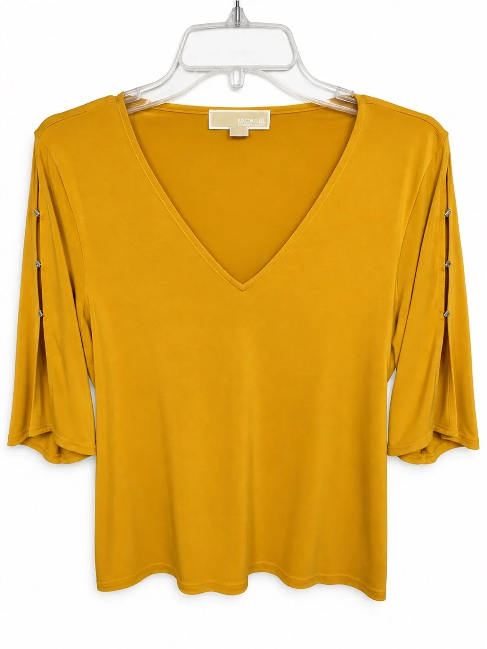 Michael Michael Kors Women’s Large Mustard Gold V-Neck Bell Sleeve Top Cutout